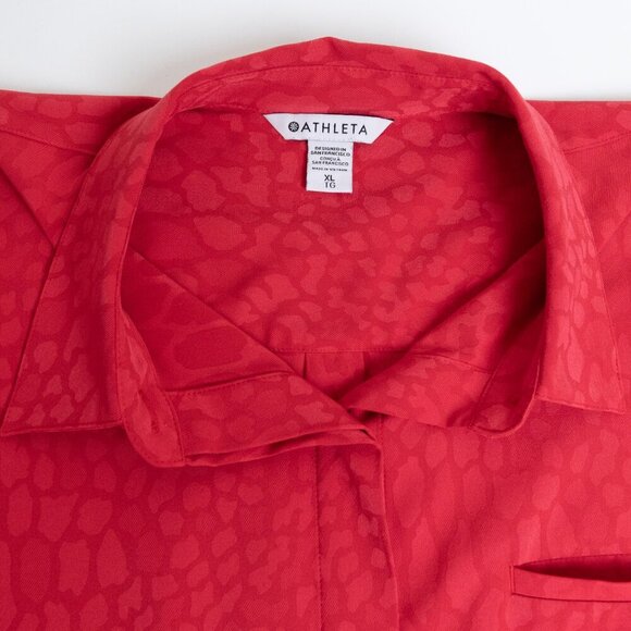 Athleta Urbanite Textured Top Red Long Sleeve Button Down Blouse Cheetah Print - Picture 4 of 14